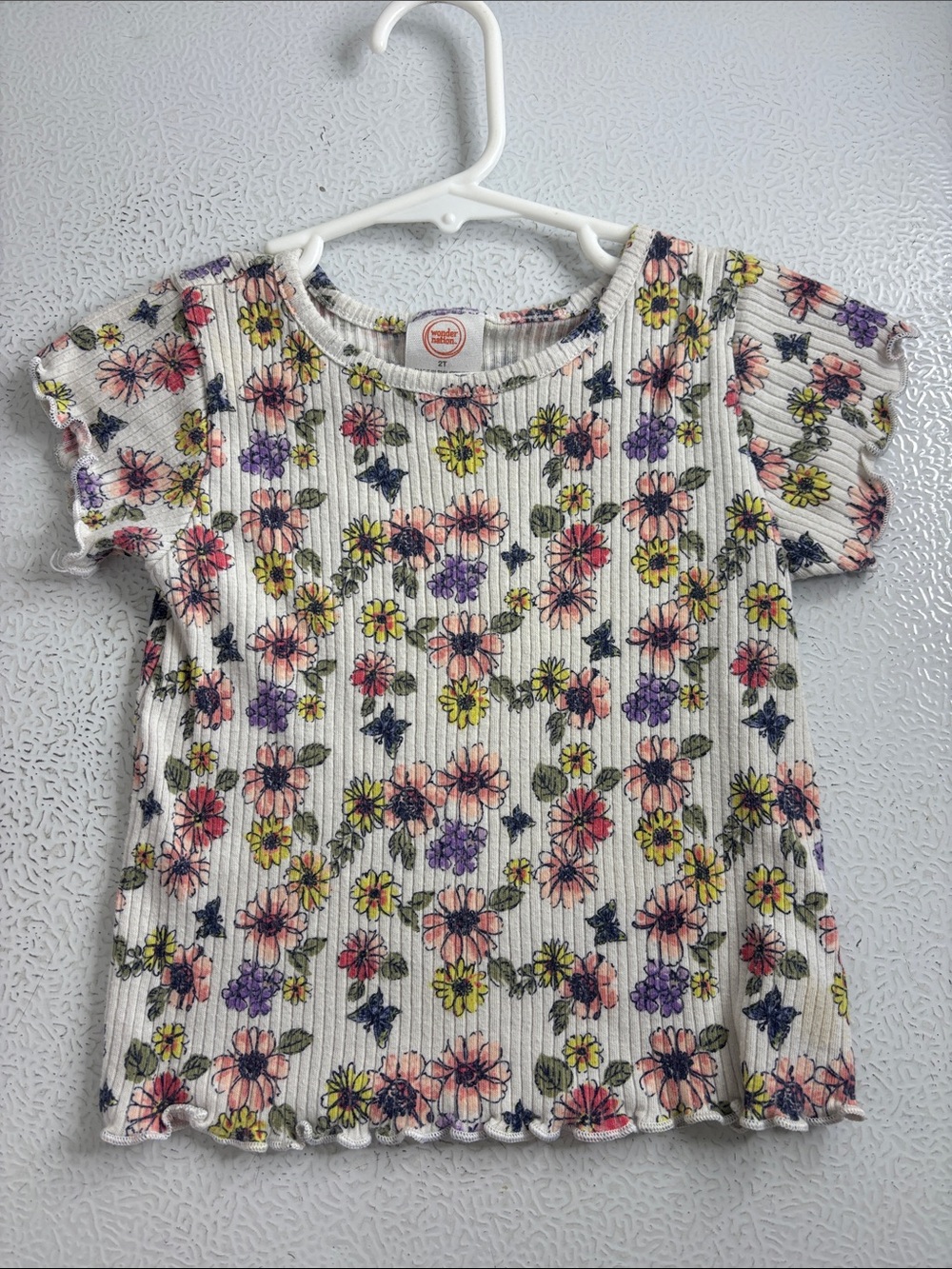 508 - Girls Floral Ribbed Knit Top - White with Pink, Yellow & Purple Flowers